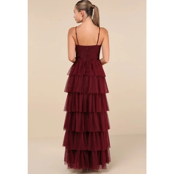 Lulus Rule The Runway Burgundy Tulle Surplice Tiered Maxi Dress Small NWT - Picture 2 of 15